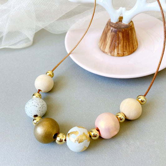 Gold & Blush Polymer Clay and Wood Bead Necklace – Handmade Modern Statement Jewelry