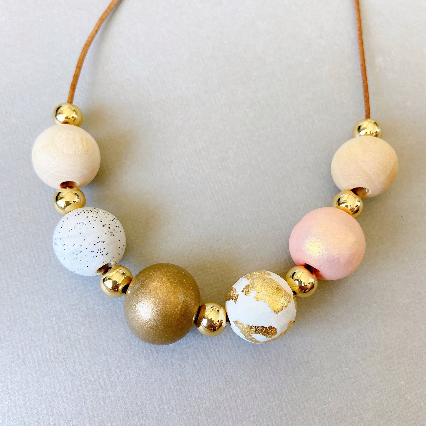 Gold & Blush Polymer Clay and Wood Bead Necklace – Handmade Modern Statement Jewelry