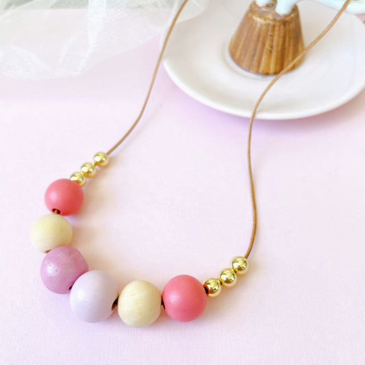 Pink & Gold Polymer Clay and Wood Bead Necklace – Handmade Pastel Statement Jewelry