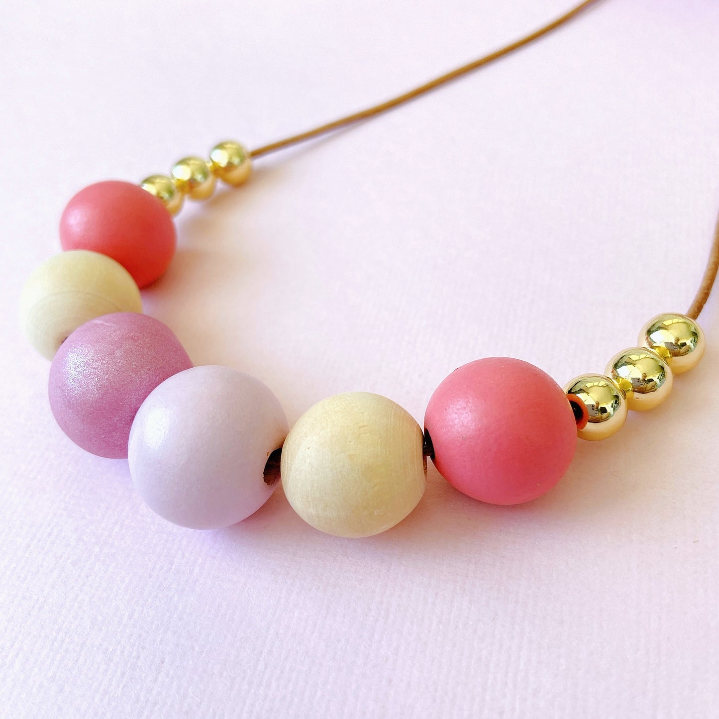 Pink & Gold Polymer Clay and Wood Bead Necklace – Handmade Pastel Statement Jewelry