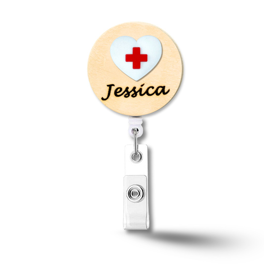 Handmade 3D Red Cross Heart Obstetrics Midwife Personalized Name Badge Reel