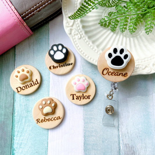 3D Beige Paw Personalized Name Badge Reel