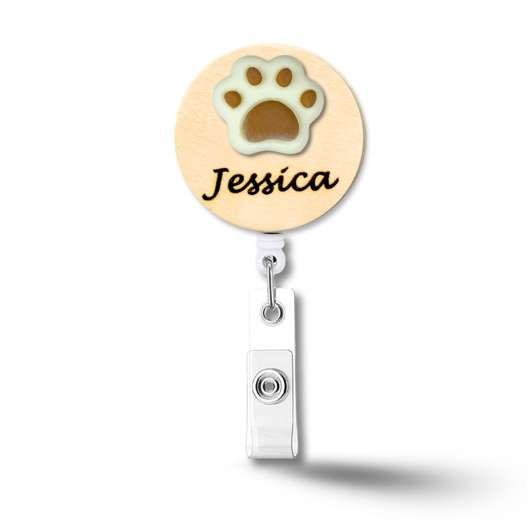 3D Brown Paw Personalized Name Badge Reel