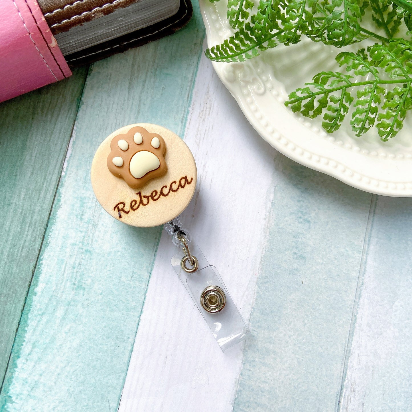 3D Brown Paw Personalized Name Badge Reel