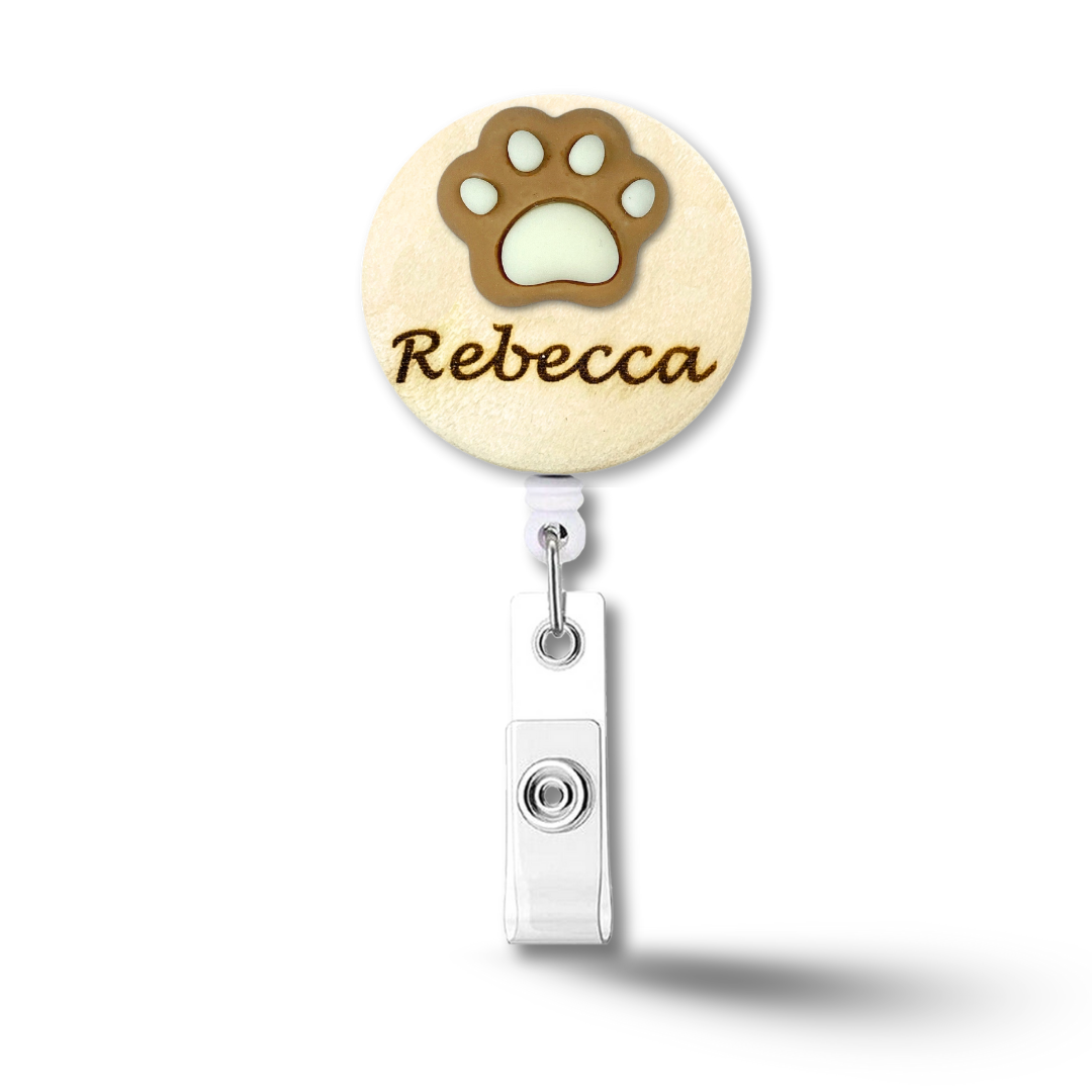 3D Brown Paw Personalized Name Badge Reel