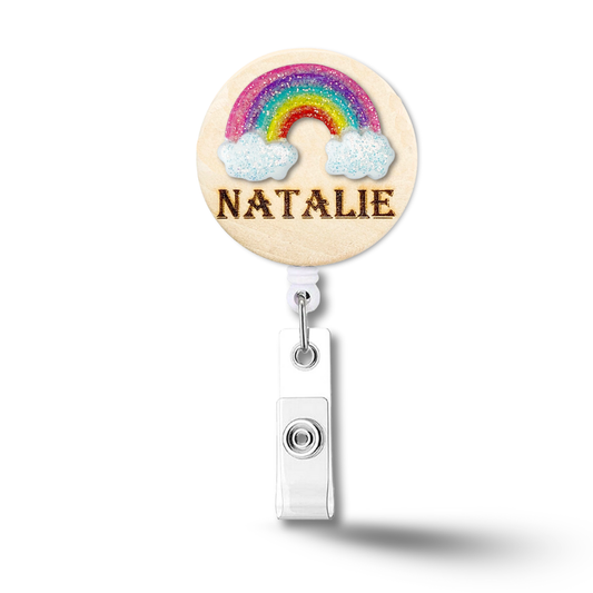 3D Glitter Pink Rainbow Cloud Personalized Name Badge Reel