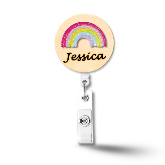 3D Glitter Pink Rainbow Personalized Name Badge Reel