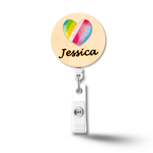 3D Glitter Rainbow Heart Personalized Name Badge Reel