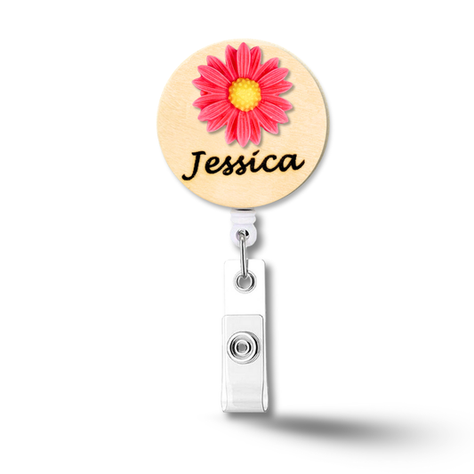 3D Rose Pink Chrysanthemum Flower Personalized Name Badge Reel
