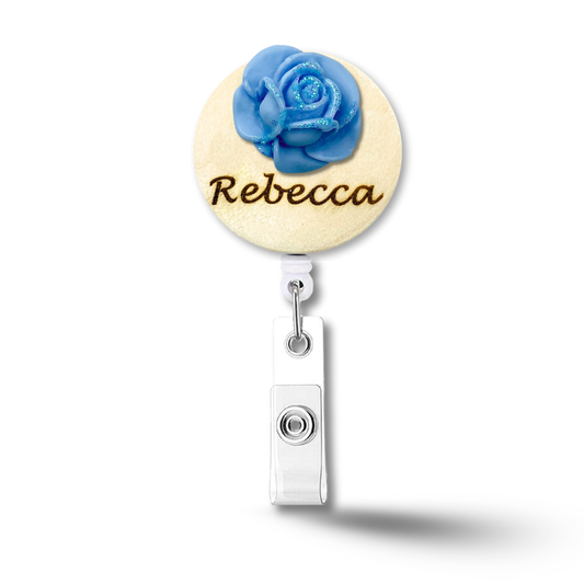 3D Glitted Blue Rose Personalized Name Badge Reel
