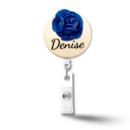 3D Glitted Dark Blue Rose Personalized Name Badge Reel