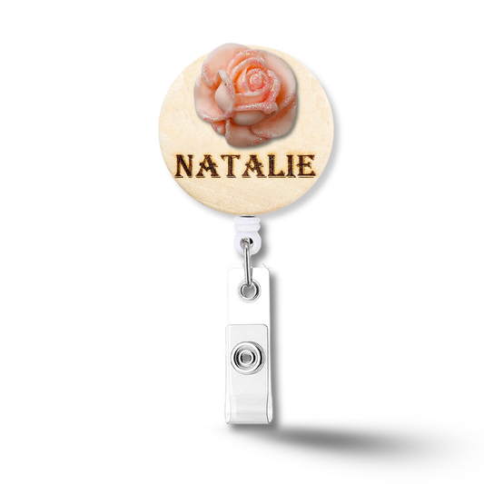 3D Glitted Peach Rose Personalized Name Badge Reel