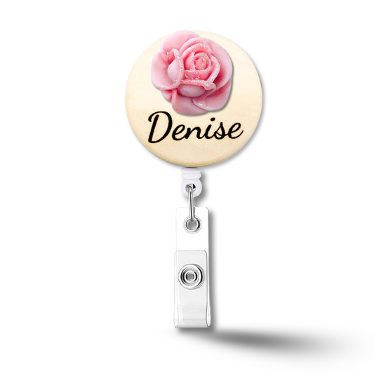 3D Glitted Pink Rose Personalized Name Badge Reel
