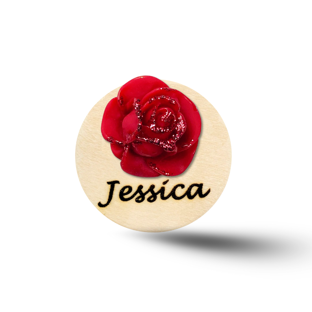 3D Glitted Pink Rose Personalized Name Badge Reel