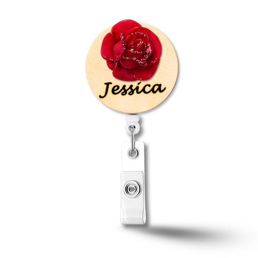 3D Glitted Red Rose Personalized Name Badge Reel