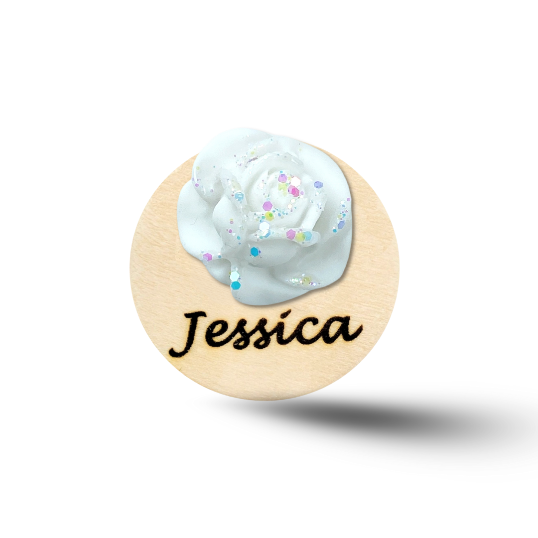 3D Glitted Pink Rose Personalized Name Badge Reel