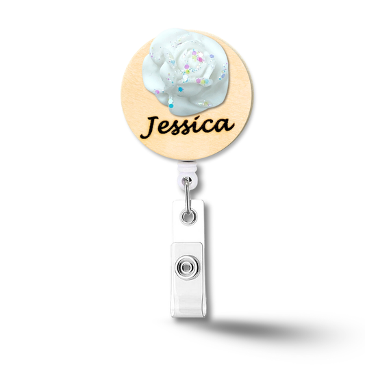 3D Glitted White Rose Personalized Name Badge Reel