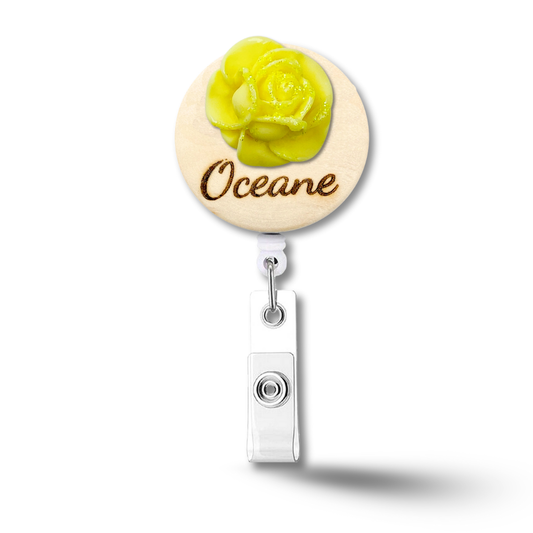 3D Glitted Yellow Rose Personalized Name Badge Reel