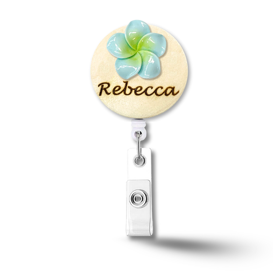 3D Blue Plumeria Rubra Personalized Name Badge Reel