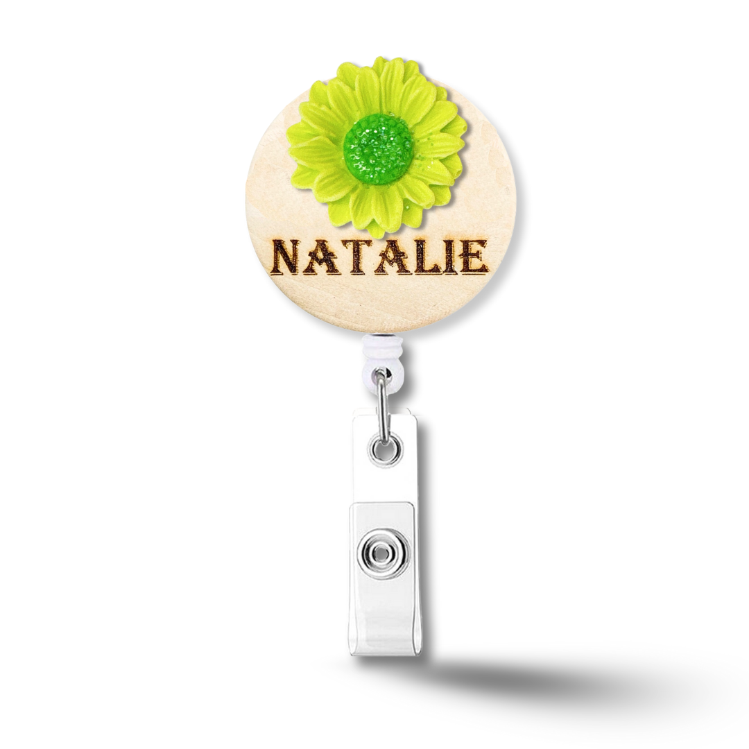 3D Glitted Yellow Daisy Flower Personalized Name Badge Reel