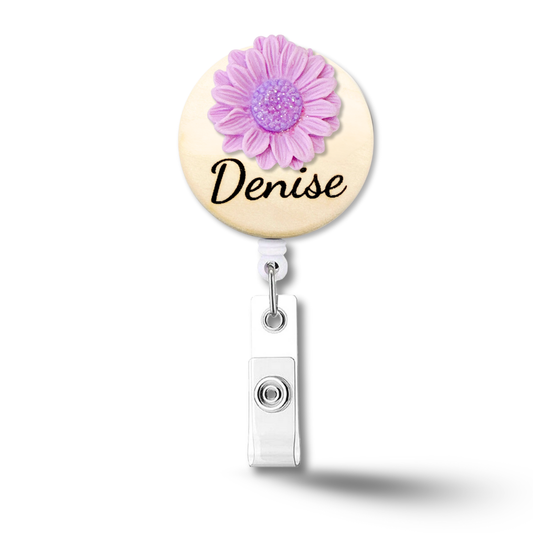 3D Glitted Purple Daisy Flower Personalized Name Badge Reel