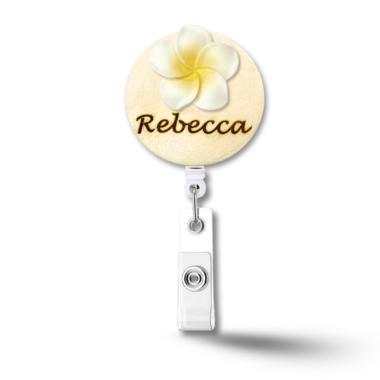 3D White Plumeria Rubra Personalized Name Badge Reel