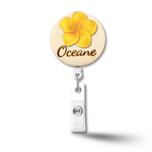 3D Yellow Plumeria Rubra Personalized Name Badge Reel