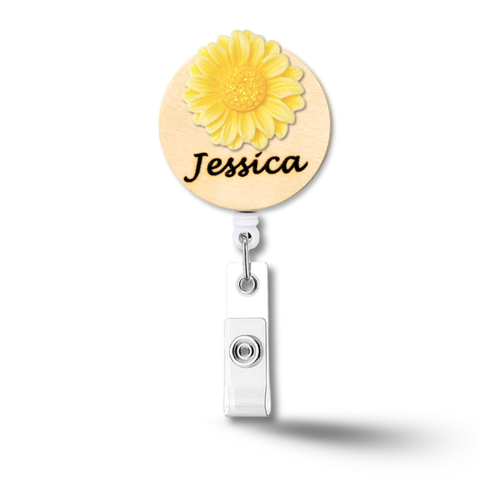 3D Glitted Yellow Daisy Flower Personalized Name Badge Reel
