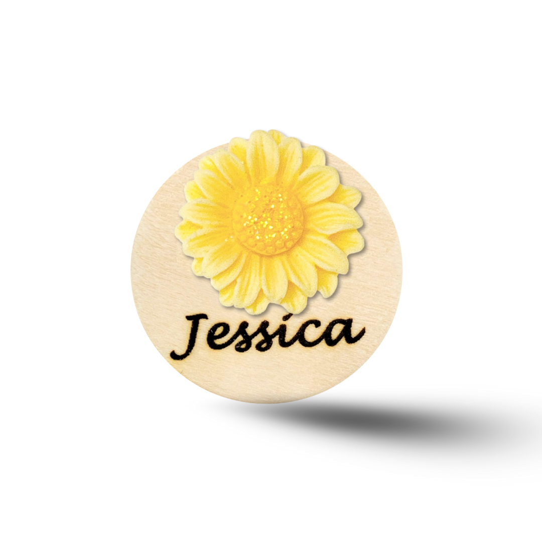 3D Glitted Yellow Daisy Flower Personalized Name Badge Reel