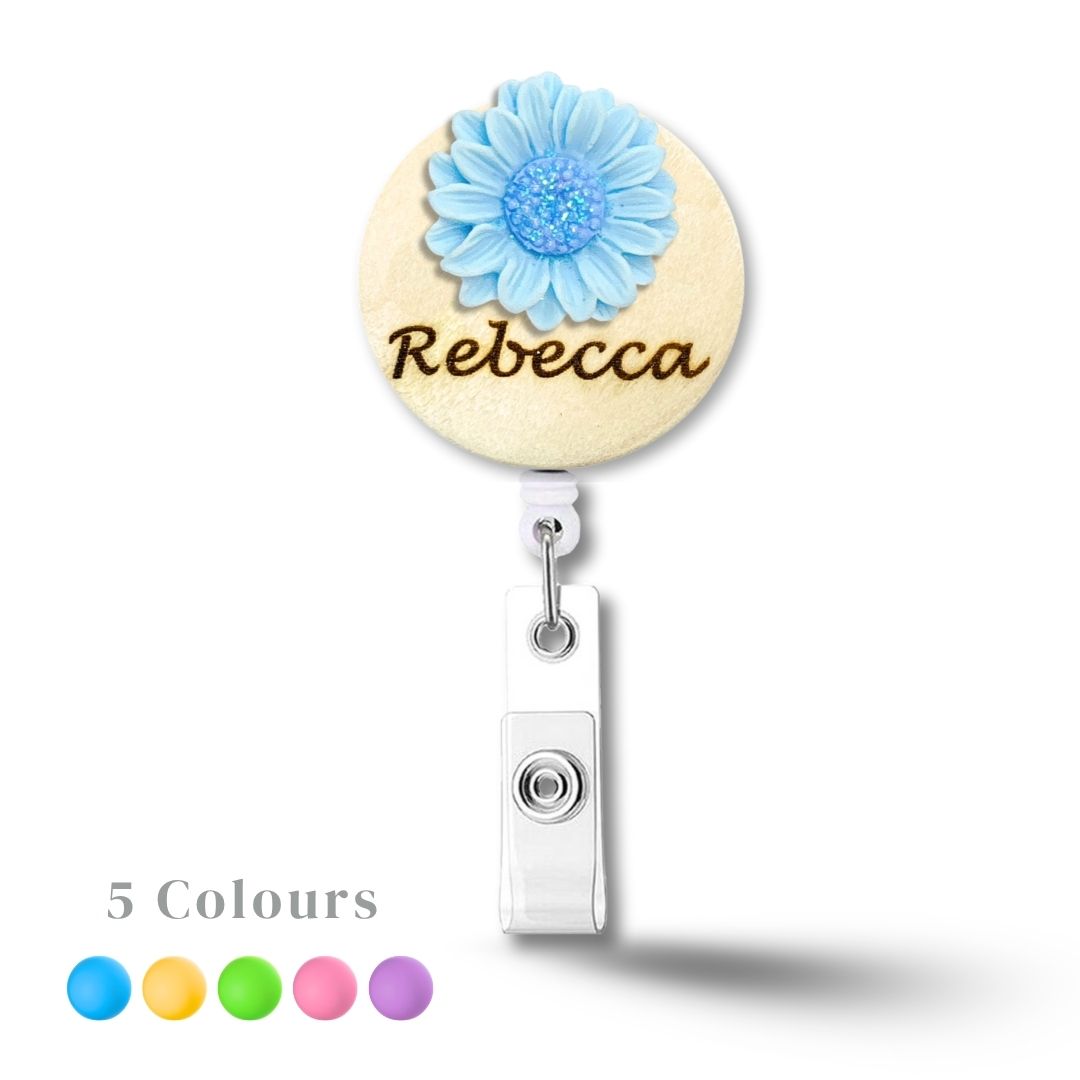 3D Glitted Blue Daisy Flower Personalized Name Badge Reel