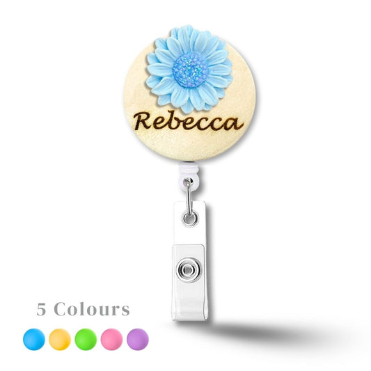 3D Glitted Blue Daisy Flower Personalized Name Badge Reel