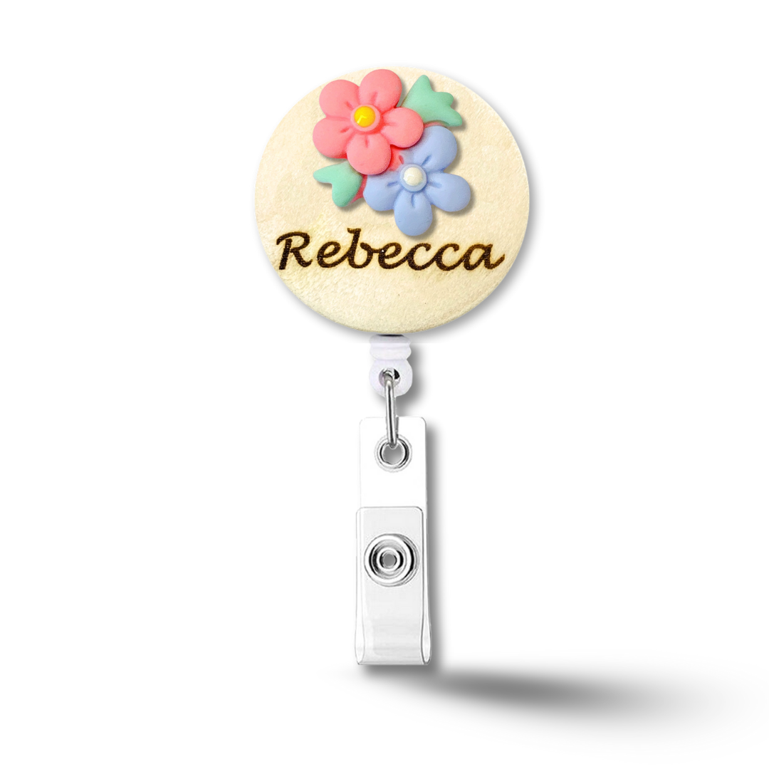 3D Blue & Pink Flower Bouquet Personalized Name Badge Reel