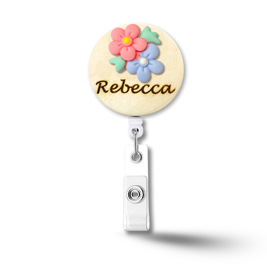 3D Blue & Pink Flower Bouquet Personalized Name Badge Reel