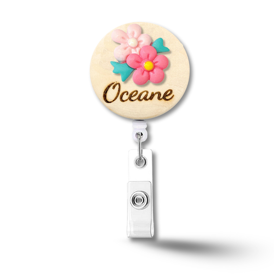 3D Pink & Light Pink Flower Bouquet Personalized Name Badge Reel