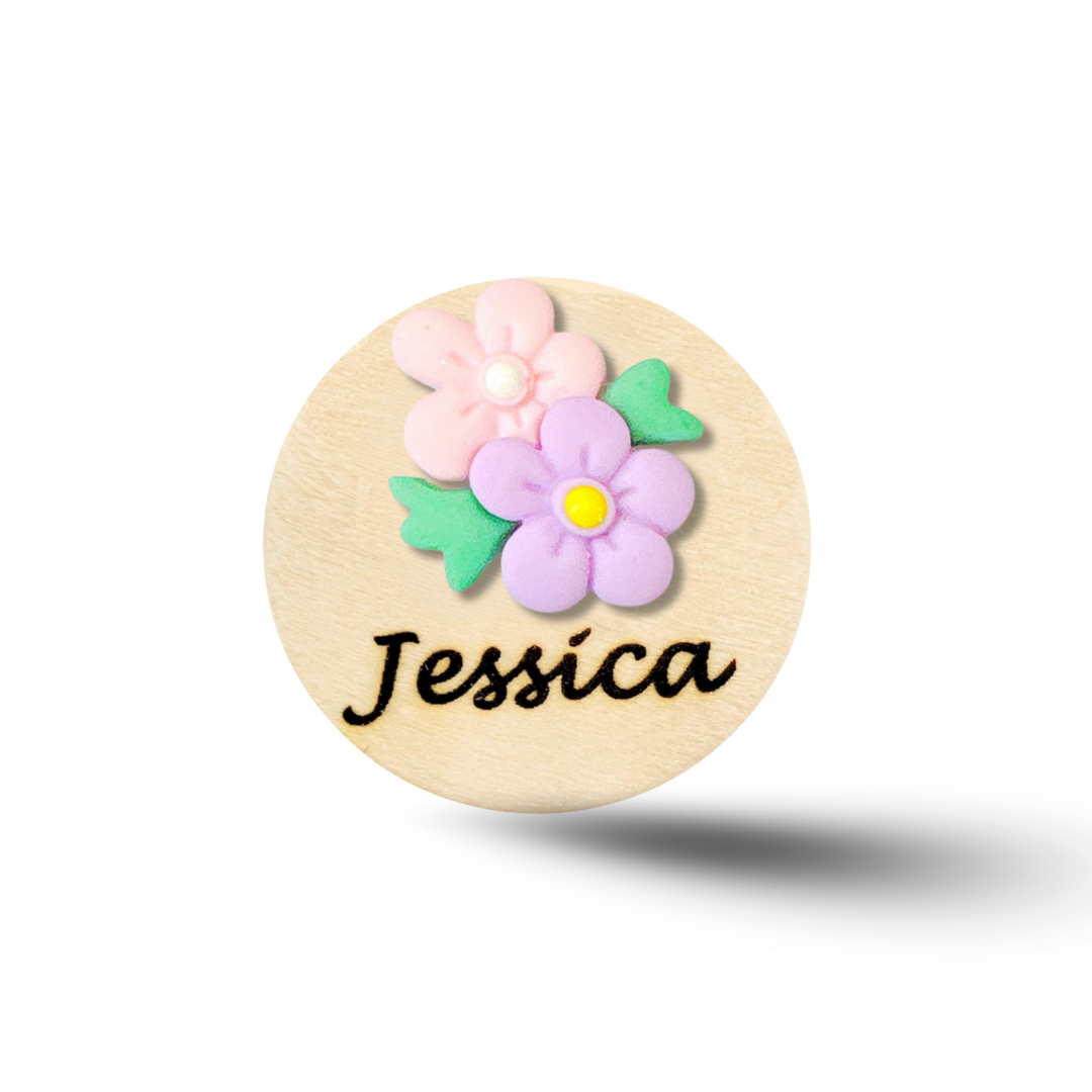 3D Blue & Pink Flower Bouquet Personalized Name Badge Reel
