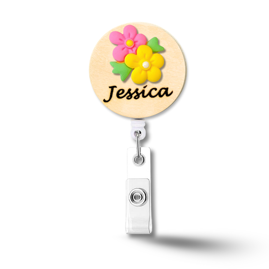 3D Blue & Pink Flower Bouquet Personalized Name Badge Reel