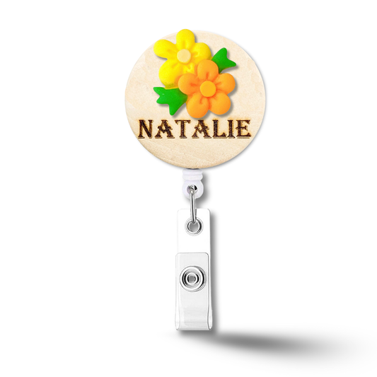 3D Yellow & Orange Flower Bouquet Personalized Name Badge Reel