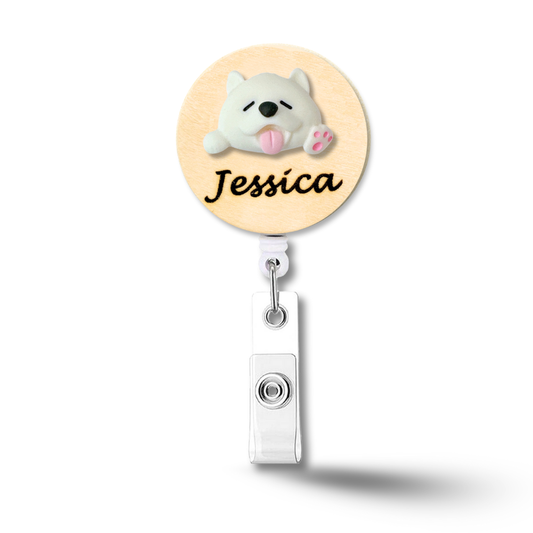 3D White Dog Personalized Name Badge Reel