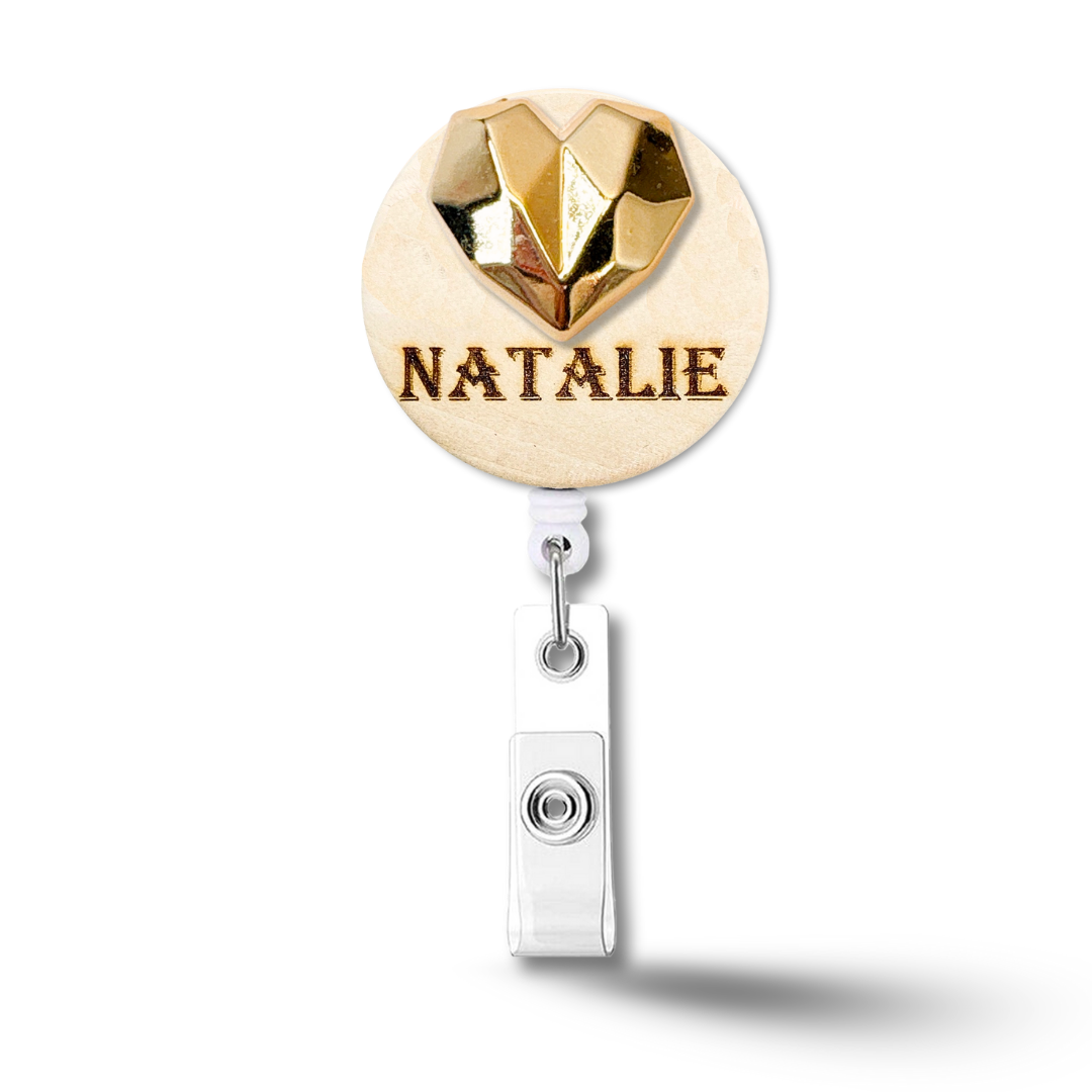 3D Golden Metallic Diamond Heart Personalized Name Badge Reel