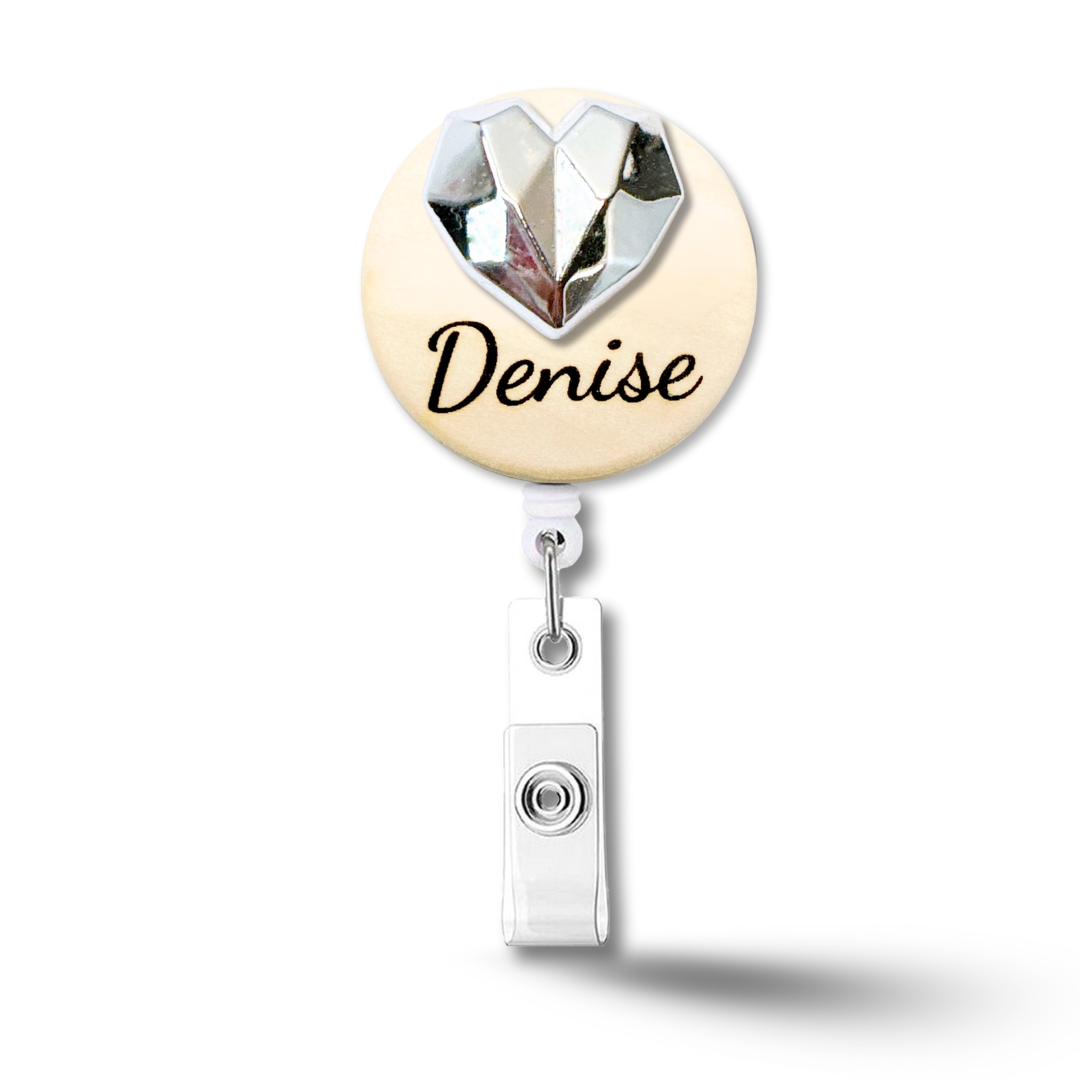 3D Golden Metallic Diamond Heart Personalized Name Badge Reel