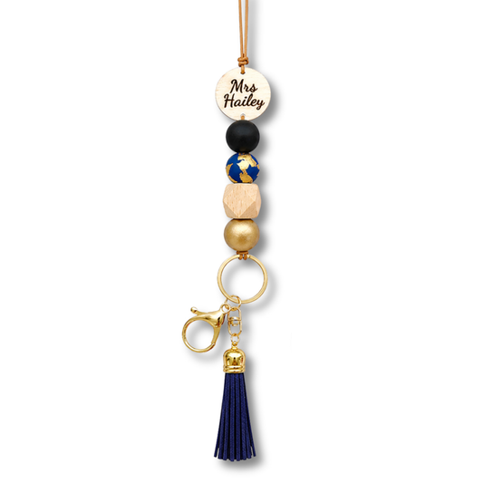 Black and Navy Blue Personalised Polymer Clay and Wood Bead Lanyard with Tassel
