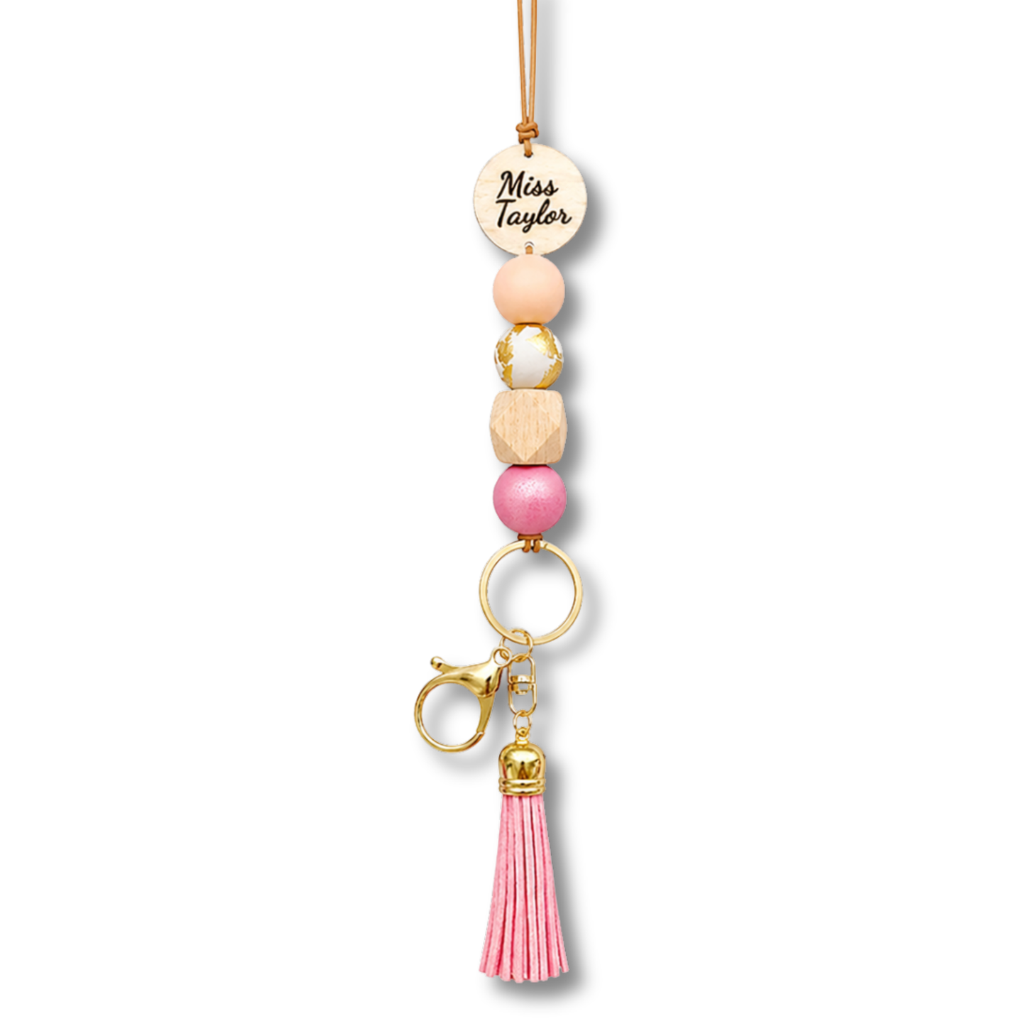 Pink And Purple Personalised Polymer Clay and Wood Bead Lanyard with Tassel