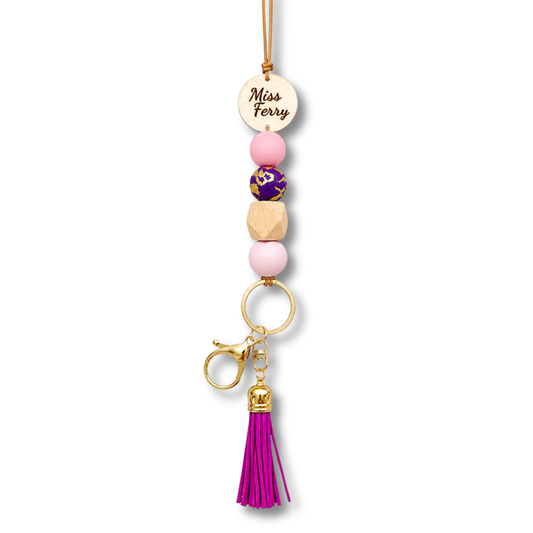 Pink And Purple Personalised Polymer Clay and Wood Bead Lanyard with Tassel