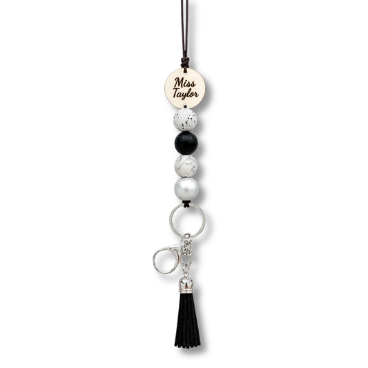 Black and White Personalised Polymer Clay and Wood Bead Lanyard with Tassel