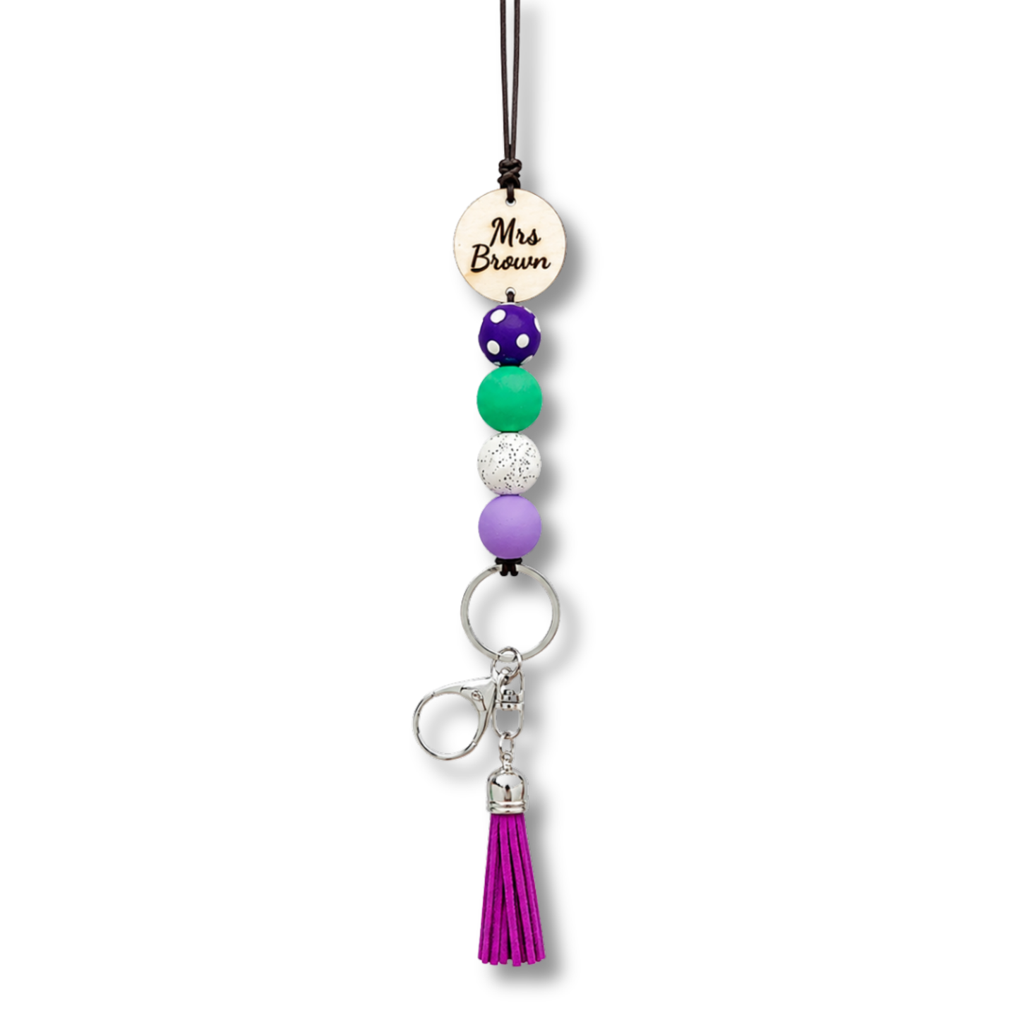 Green And Mint Personalised Polymer Clay and Wood Bead Lanyard with Tassel