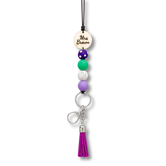 Purple and Green Personalised Polymer Clay and Wood Bead Lanyard with Tassel