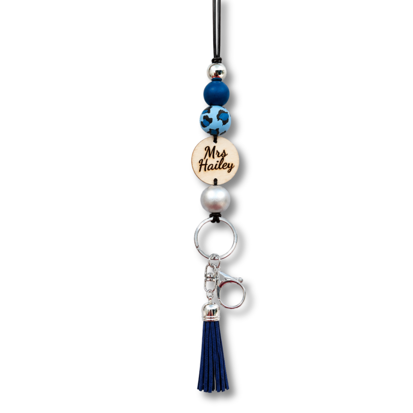 Personalized Animal Print Polymer Clay and Wood Bead Lanyard with Tassel