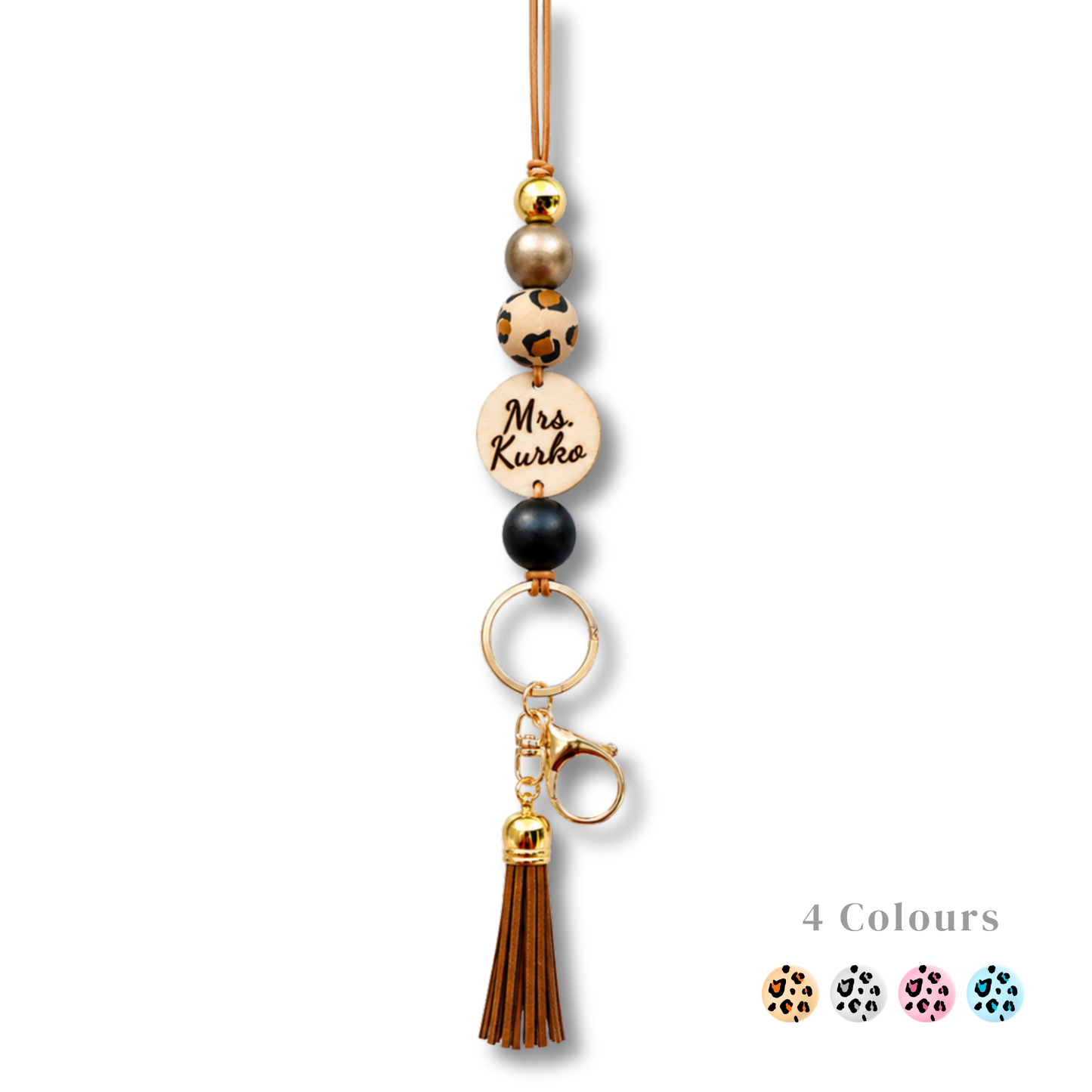 Personalized Animal Print Polymer Clay and Wood Bead Lanyard with Tassel