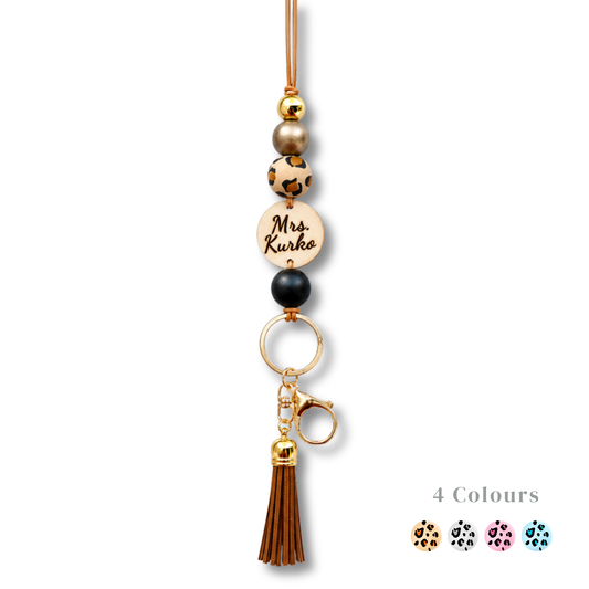 Personalised Animal Print Polymer Clay and Wood Bead Lanyard with Tassel