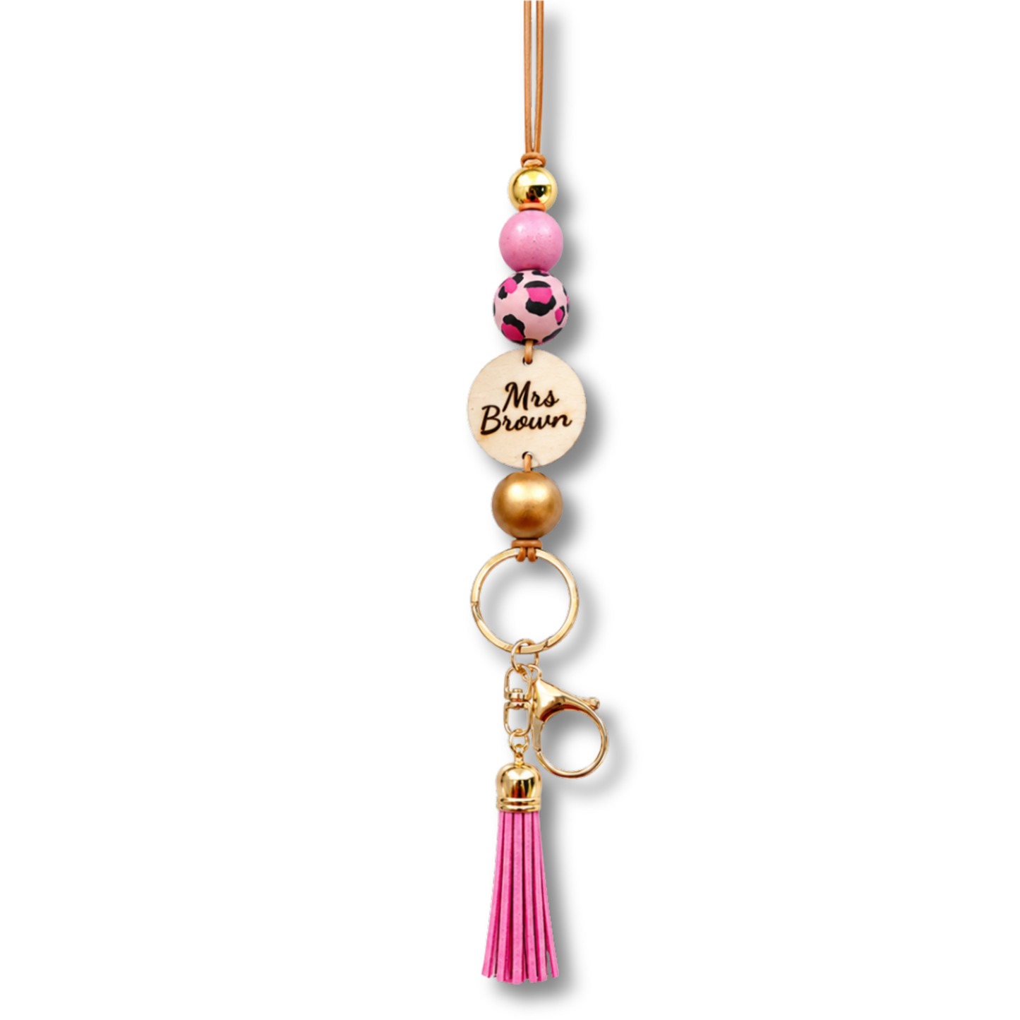 Personalized Animal Print Polymer Clay and Wood Bead Lanyard with Tassel